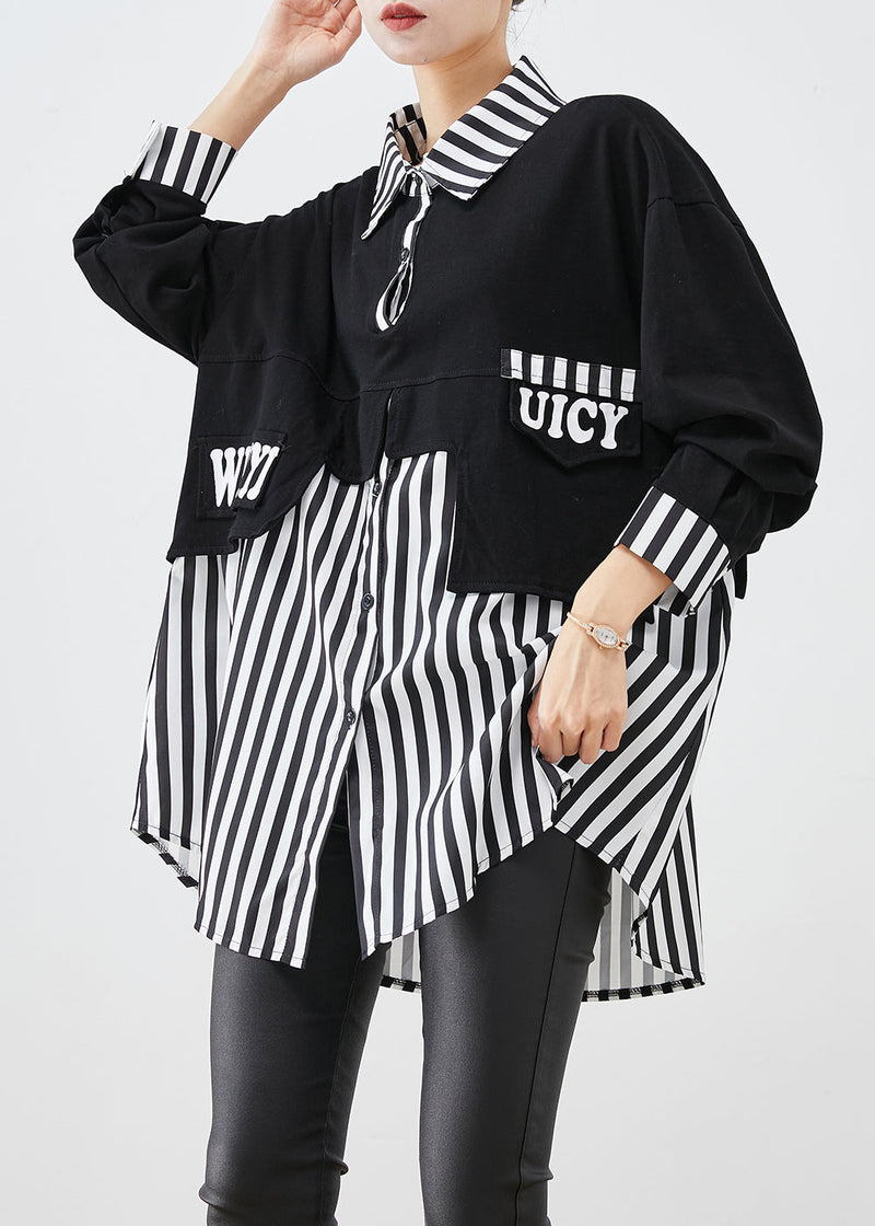 Black Oversized Patchwork Striped Cotton Sweatshirts Top Fall