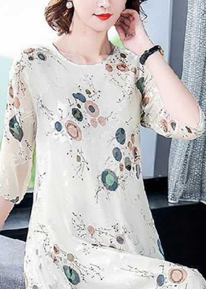 Loose White O-neck Print Silk Holiday Dress Half Sleeve