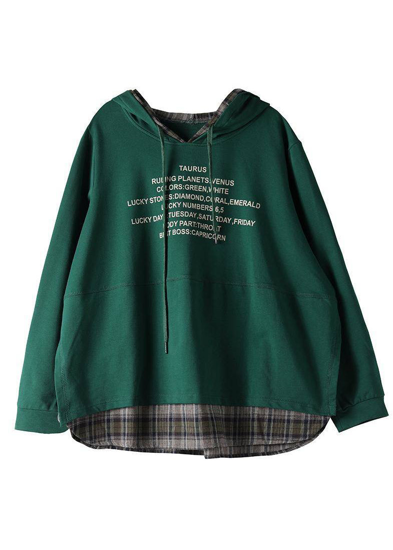 Classy Green Hooded Drawstring Graphic Fake Two Piece Sweatshirts Top Spring