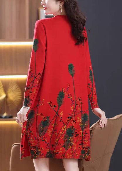 Red O Neck Print Knit Sweater Dress Fall