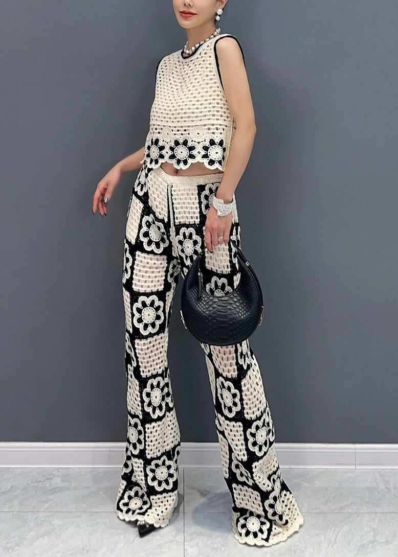 White O Neck Hollow Out Cotton Two-piece Set Sleeveless