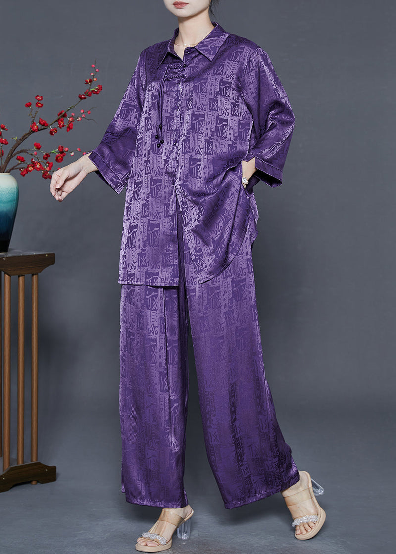Purple Print Silk Oriental Two-piece Set Tasseled Fall