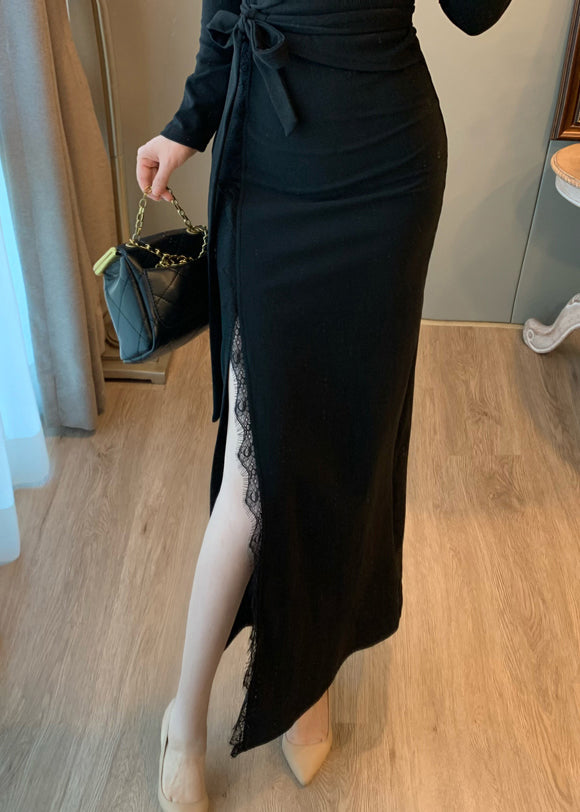 Diy Black Tie Waist Patchwork Eyelash Side Open Long Dresses