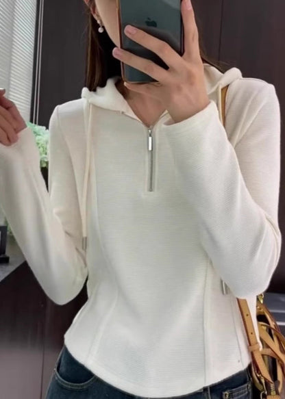 Grey Hooded Zippered Cotton T Shirt Spring