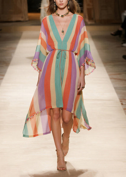 Rainbow V Neck Striped Chiffon Holiday Dress Summer