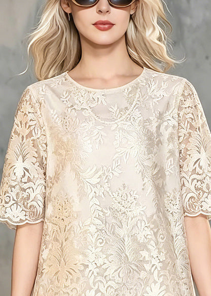 Classy Champagne O-neck Lace T Shirt Summer