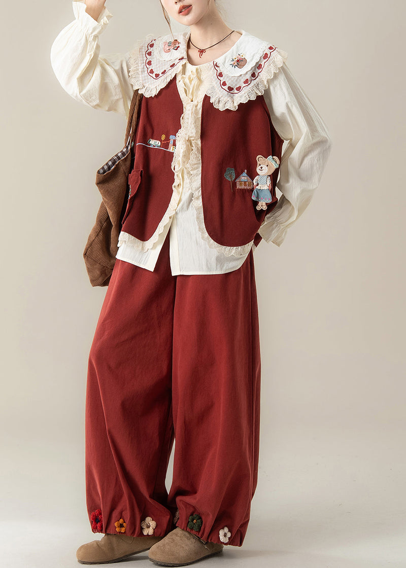 Red Peter Pan Collar Lace Patchwork Cotton Three Piece Set Fall