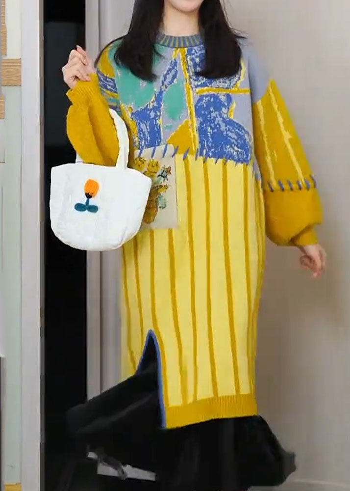 Yellow O-neck Striped Cotton Knit Maxi Dress Long Sleeve