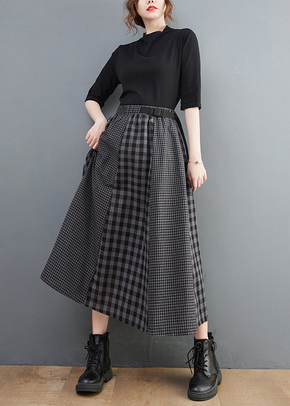 Simple Black Plaid Elastic Waist Patchwork a Line Skirt Spring