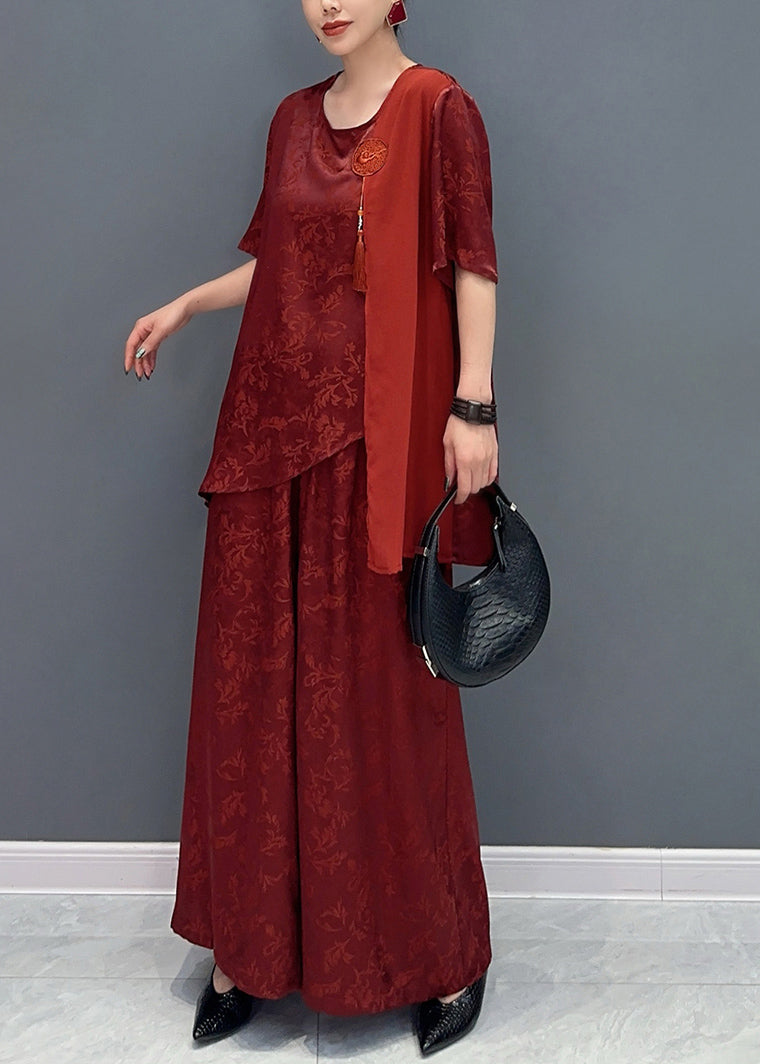 New Chinese Style Silk Jacquard Top and Wide Leg Pants Two Piece Set