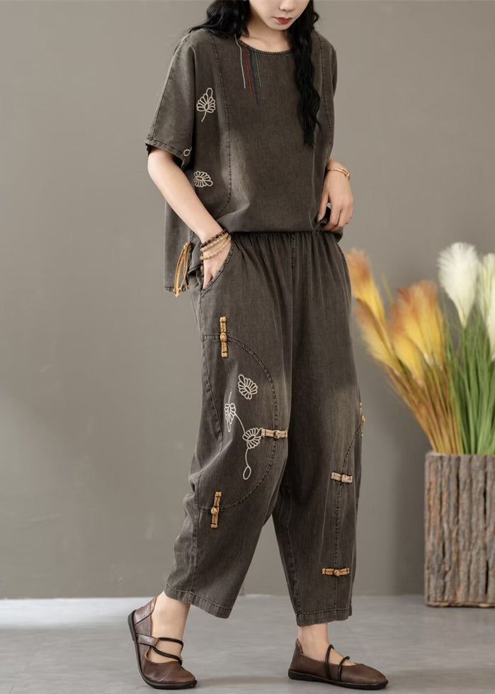 Black Embroidered Elastic Waist Denim Two Pieces Set Summer