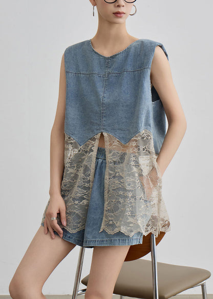Unique Blue O Neck Lace Patchwork Denim Two Pieces Set Summer