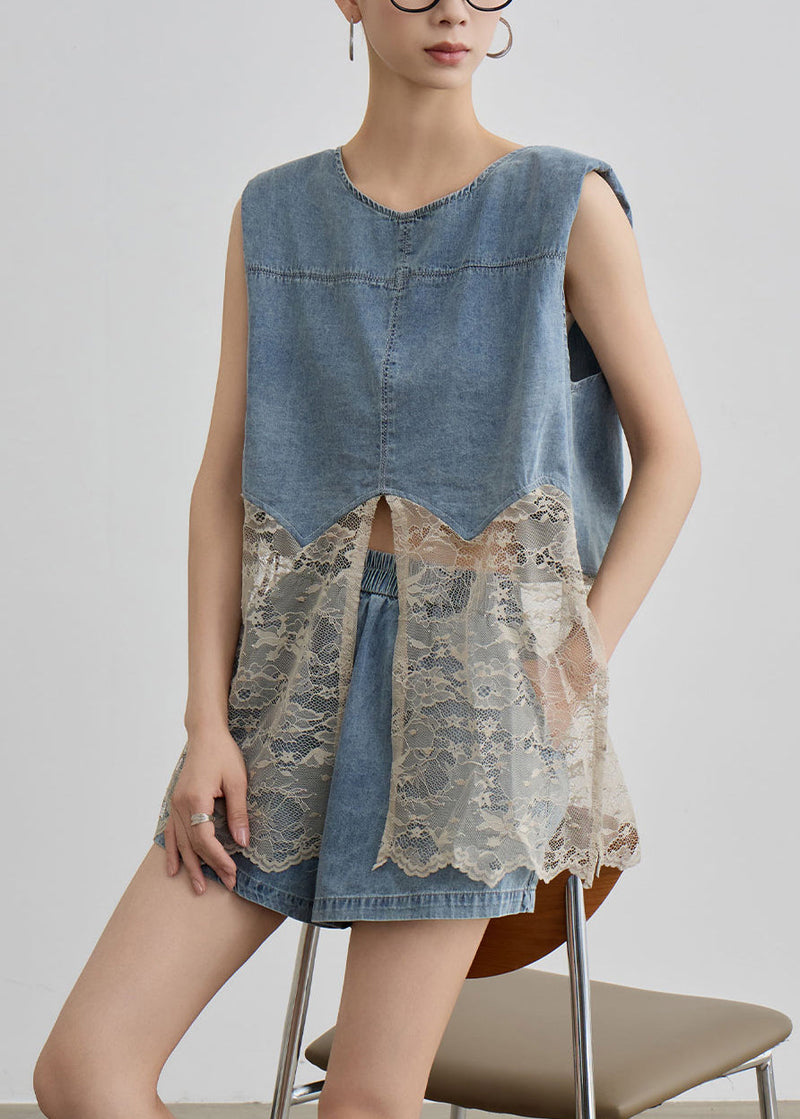 Unique Blue O Neck Lace Patchwork Denim Two Pieces Set Summer