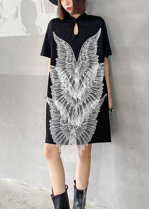 French Black Oriental Appliques Shift Dresses Summer