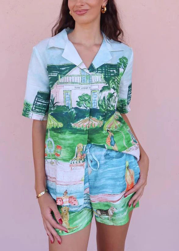 French Blue Print Shirts and Shorts Two Piece Set Short Sleeve