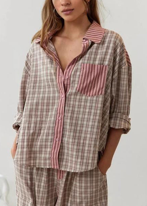 Coffee Plaid Patchwork Cotton Pajamas Two Piece Suit Set Spring