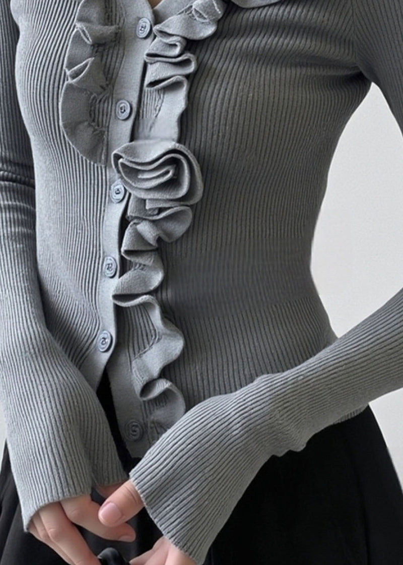 French Grey Ruffled Patchwork Knit Short Sweater Fall
