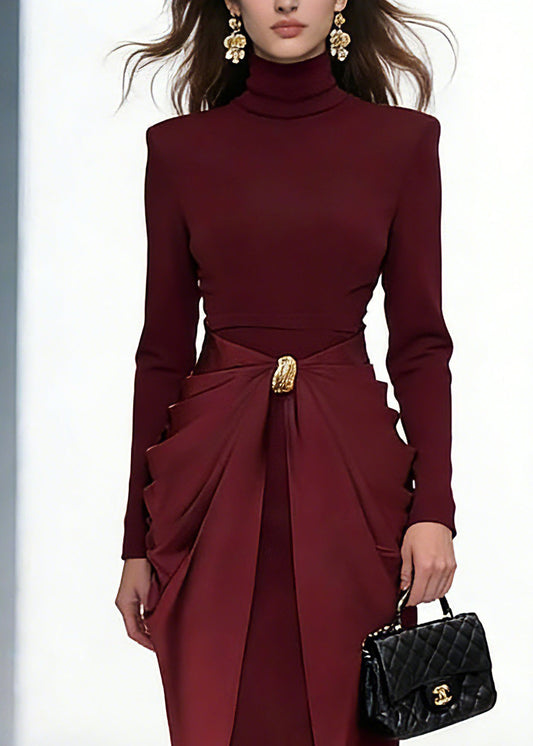 Slim Fit Red Turtleneck Patchwork Vacation Long Dresses Spring