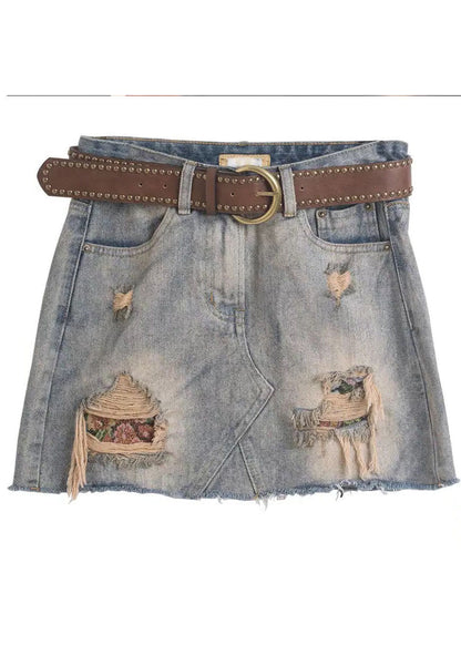 Grey High Waist Tassel Pockets Cotton Denim Ripped Skirts Summer