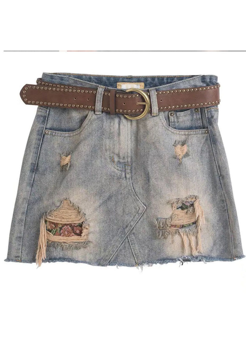Grey High Waist Tassel Pockets Cotton Denim Ripped Skirts Summer