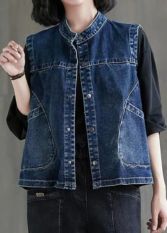 Loose Black Grey Colour O-neck Patchwork Button Pockets Denim Waistcoat Sleeveless