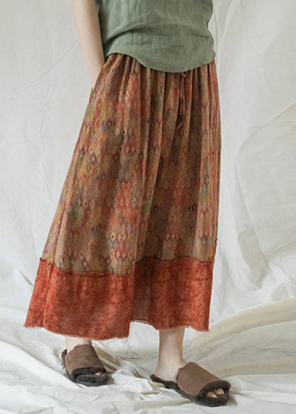 Fine Colorblock Elastic Waist Drawstring Plaid Patchwork Cotton Skirt Spring