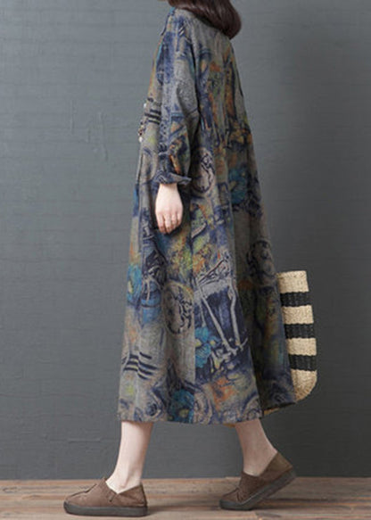 Blue Peter Pan Collar Pockets Print Cotton Party Dress Long Sleeve