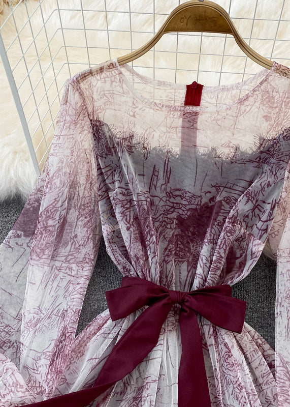 Diy Mulberry O-neck Print Tulle Long Dress Long Sleeve
