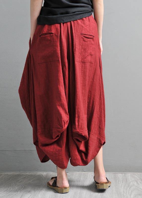 Red Pockets Cotton Linen Big Crotch Pants Summer Pants