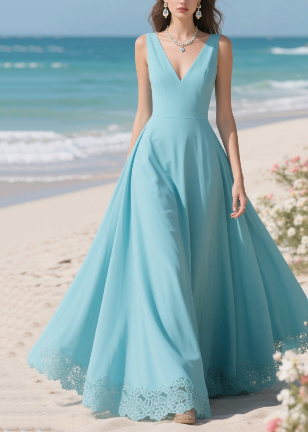 Diy Lake Blue Patchwork Exra Large Hem Chiffon Cami Dresses Summer