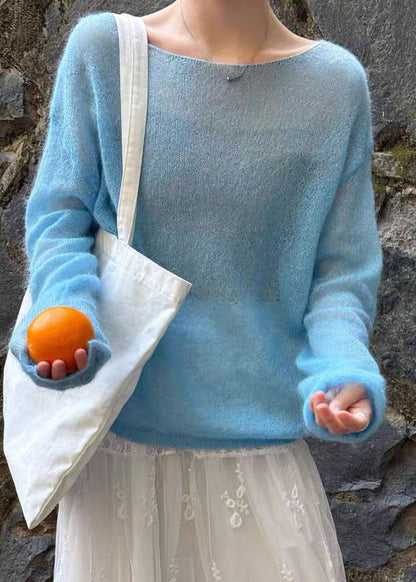 Handmade Blue Cozy Ma Hai Mao Knit Tops Spring