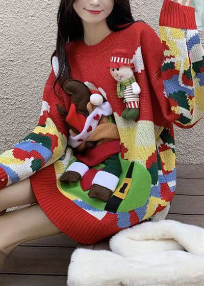 Christmas Themed Elk Sweater Red With Loose and Lazy Style