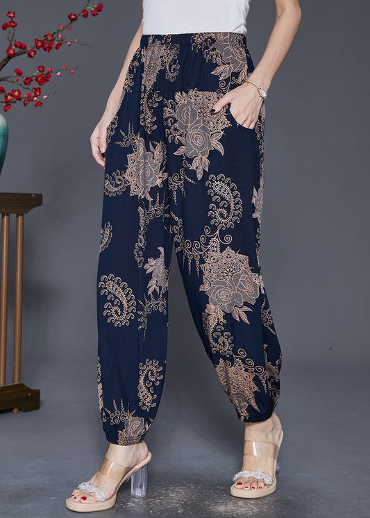 Navy Oversized Print Cotton Lantern Pants Fall
