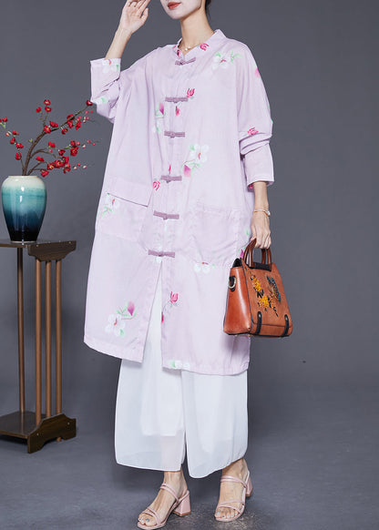 Light Purple Print Chinese Button Linen Shirt Dress Fall