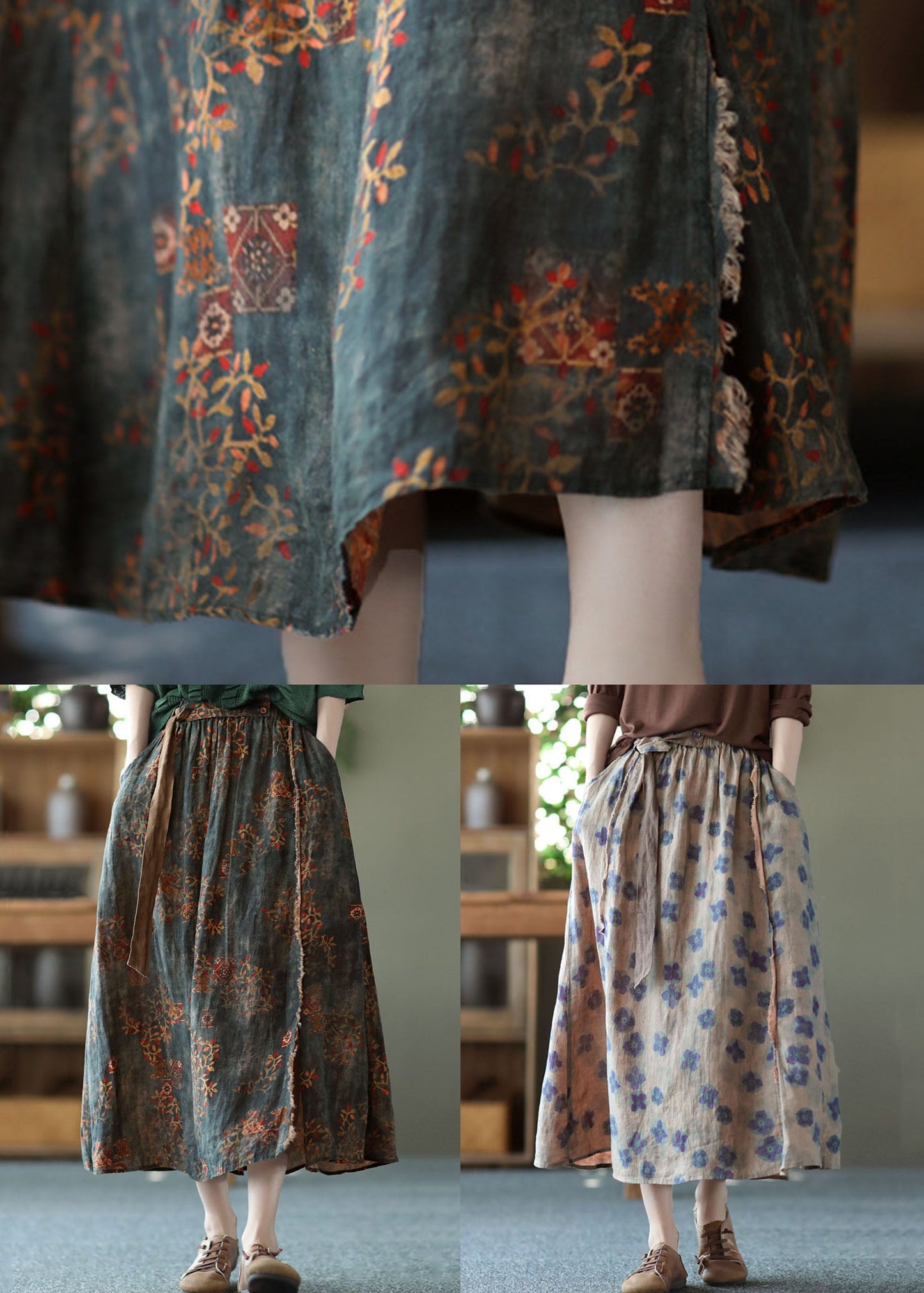 Blackish Green Wrinkled Pockets Patchwork Linen Skirts Summer