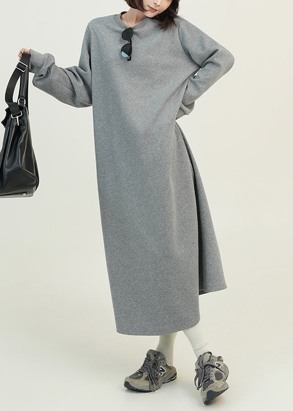 Grey O Neck Loose Cotton Straight Dresses Fall