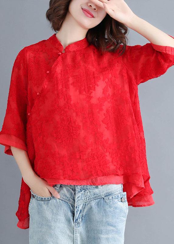Red Lace Three Quarter Sleeve Oriental Loose Summer Top