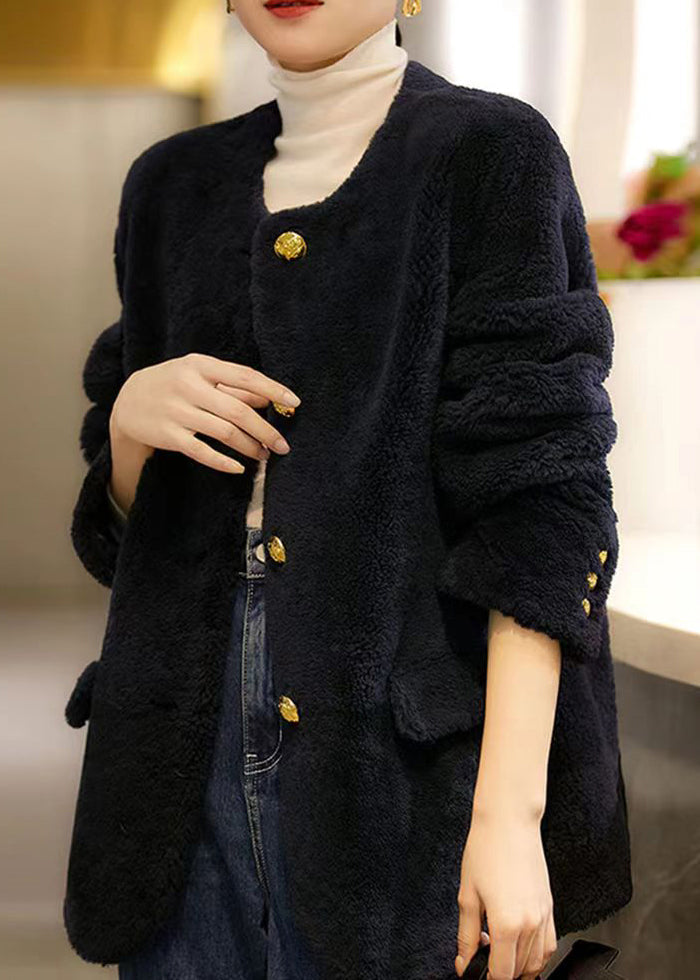 Navy O Neck Pockets Button Patchwork Wool Coat Winter