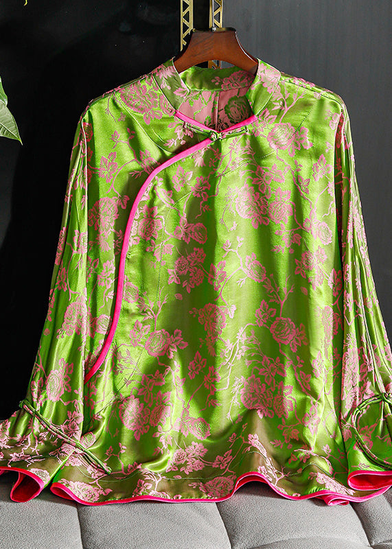 Green Stand Collar Chinese Button Patchwork Jacquard Silk Shirt Long Sleeve