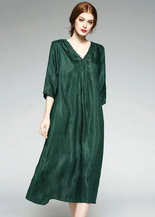 Green V Neck Wrinkled Jacquard Patchwork Silk Dress Summer