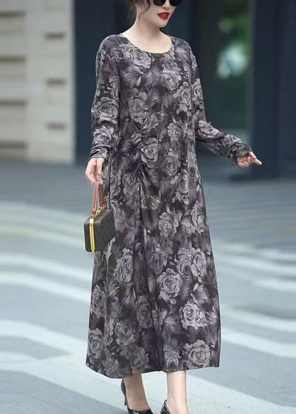Grey O Neck Print Cotton Long Dress Fall