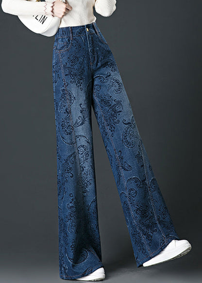 Blue Pockets Print High Waist Wide Leg Jeans Fall