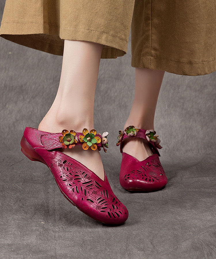 Purple Hollow Out Cowhide Leather Retro Splicing Slide Sandals