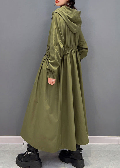 Green Zippered Wrinkled Hooded Long Trench Coats Spring