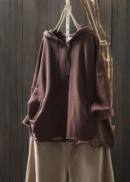 Light Khaki Pockets Cotton Hooded Sweatshirts Top Fall