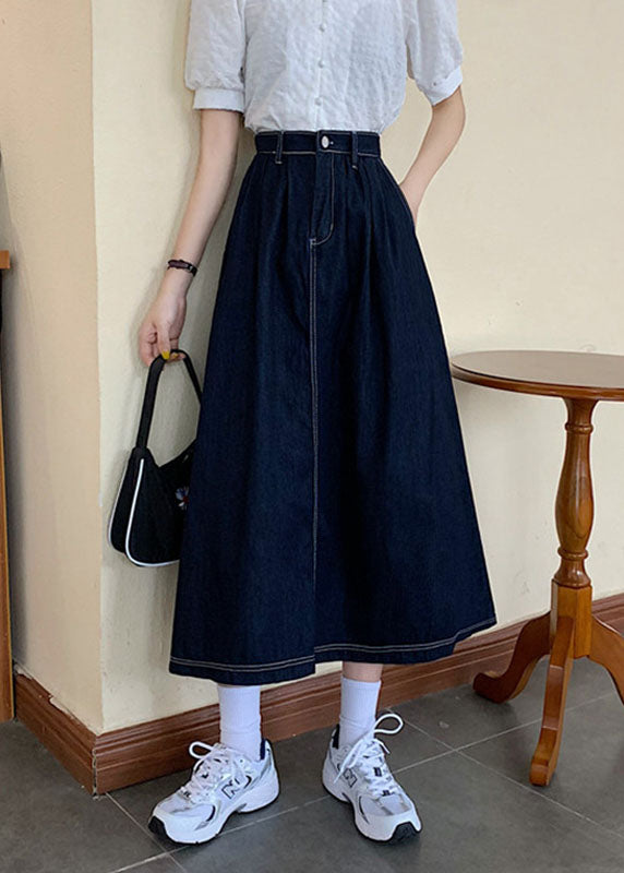 Modern Blue Zip Up Pocket Button Patchwork Cotton a Line Skirts Summer
