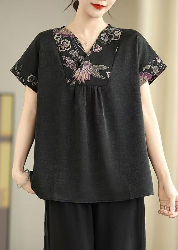 Black V Neck Patchwork Silk Shirt Tops Summer
