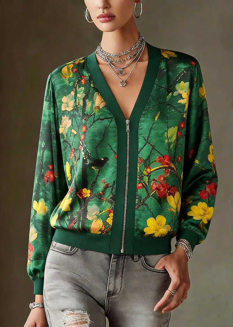 Green O-neck Print Zip Up Silk Coats Long Sleeve