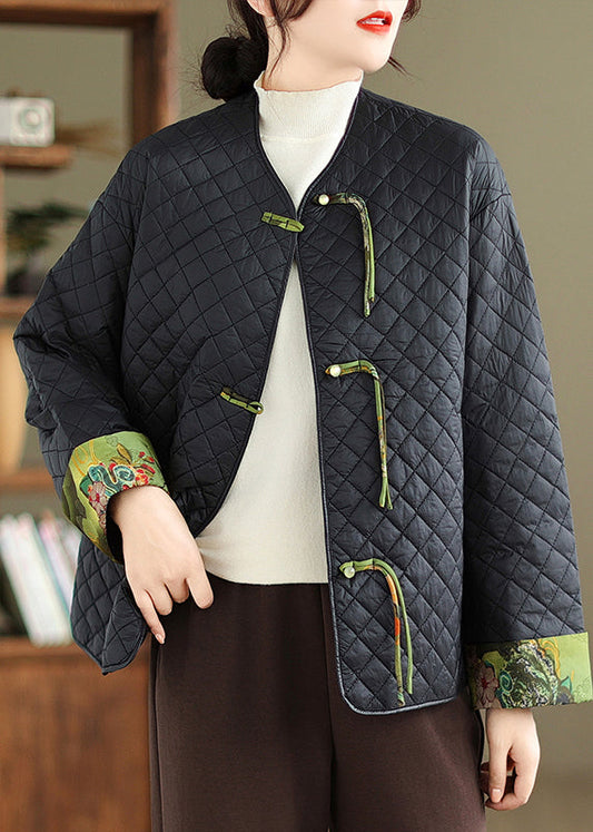 Black Tasseled Button Patchwork Fine Cotton Filled Jackets Winter