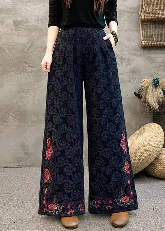 Navy Embroidered Pockets Cotton Wide Leg Trousers Spring